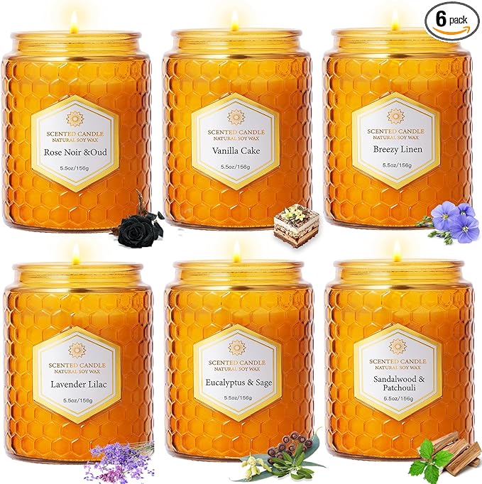 6 Pack Natural Soy Wax Jar Candles for Home Scented, 33 oz 240 Hour Long Lasting Aromatherapy Fall Candles Gifts for Women Birthday | Thanksgiving Day Christmas | Amber Candles|