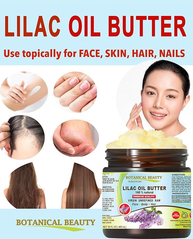 Botanical Beauty LILAC OIL BUTTER 100% Natural Lilac Essential Oil in Shea Nut Butter for FACE, SKIN, BODY, HAIR, NAILS. Beauty Skin Moisturizer Oil Butter (4 Fl Oz)