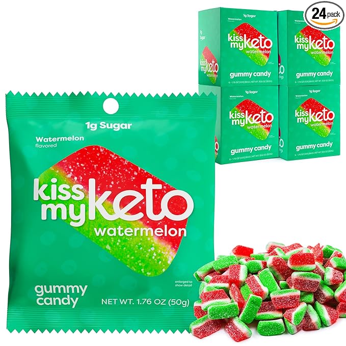 Kiss My Keto Sugar Free Gummies, Gummy Watermelon 24-Pack – Satisfy Cravings while Staying in Ketosis – High Fiber, 3g Net Carbs, Non-GMO, Vegan, & No Gluten – Calorie-Friendly Vegan Candy