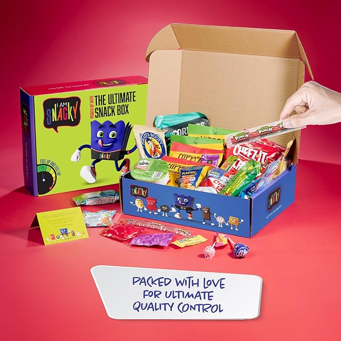 I AM Snacky - Haloween Trick or Treats Snack Box Variety Pack Care Package + Greeting Card - SNACKY'S PARTY PACK (100 Count) Birthday Sweet Treats Gift Basket, Candies Chips, Office Food Assortments