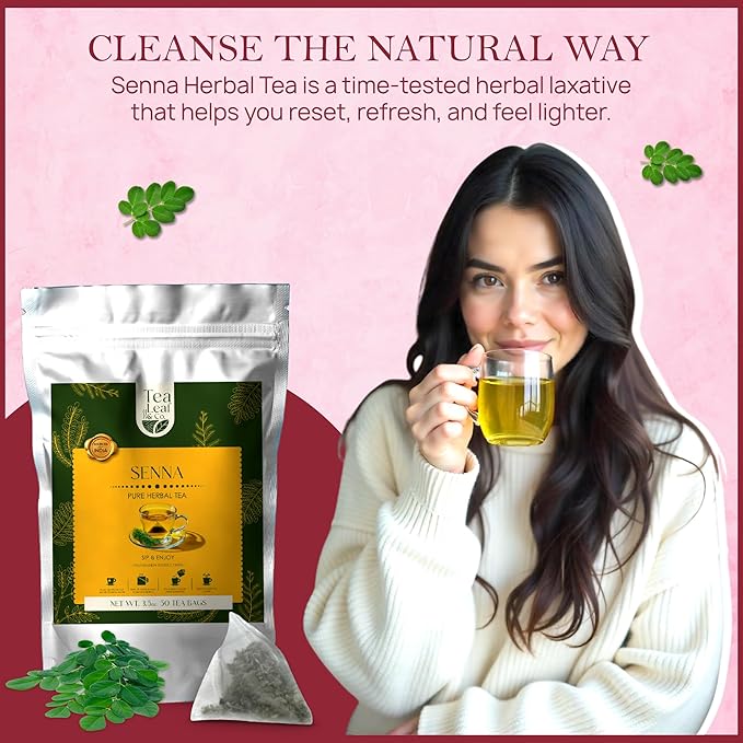 Tealeaf & Co. Senna Tea Blended with Fresh Herbs - Pure Herbal Tea Bags with Senna Leaves Extract - Flavored Herbal Blend - Low Caffeine - Gluten Free - 50 Teabags