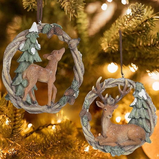Christmas Tree Ornaments Christmas Decorations - Set of 2 Resin Christmas Woodland Deer in Wreath Ornaments Brown/Sage Green Men for Family Braxio