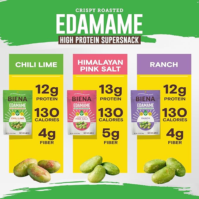 Biena Crispy Roasted Edamame Beans Snack – High Protein Snack for Adults & Kids, 12g-13g Protein per Serving - Made with Avocado Oil – Vegan, Low Carb, Gluten-Free – 3-Pack 4.75oz Variety Pack