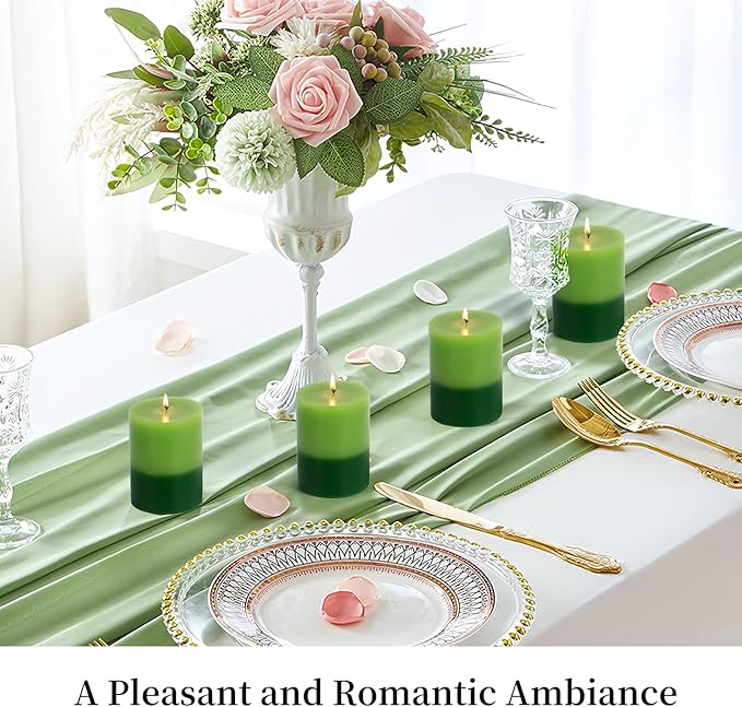 KONNI Green Layered Pillar Candles Set of 3, 3"x 4" Unscented Pillar Candles Bulk, 39 Hours Long Burning Candles, Smokeless&Dripless Large Round Candle for Wedding, Home Decoration, Parties, Dinner