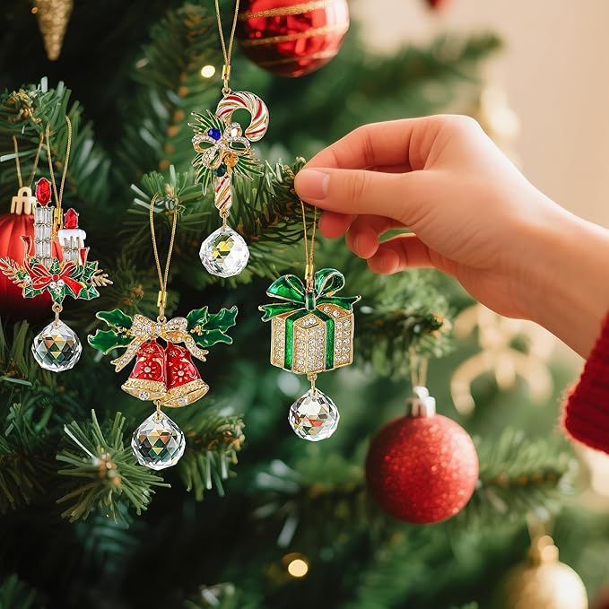 H&D HYALINE & DORA 4 Pcs Christmas Ornaments Set Cane Gift Box Bell Hanging Ornament Xmas Tree Ornament for Holiday Party Home Decor