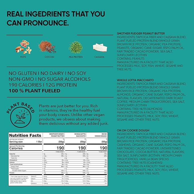TRUBAR Vegan Protein Bar Variety Pack, Assorted Flavors, Peanut Butter, Macchiato, Cookie Dough, Gluten Free, Vegan Protein Snacks, 12G Plant-Based Protein, High Fiber, Healthy Protein Bars, 12 CT