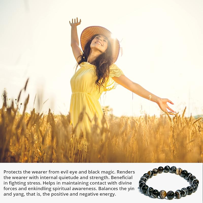 Black Sulemani Hakik Bracelet, Natural Healing Crystal Bracelet for Women and Men, 8mm Round Beaded Bracelet for Spiritual, Protection, Positive Energy, Elastic Adjustable Size Gemstone Bead Bracelet