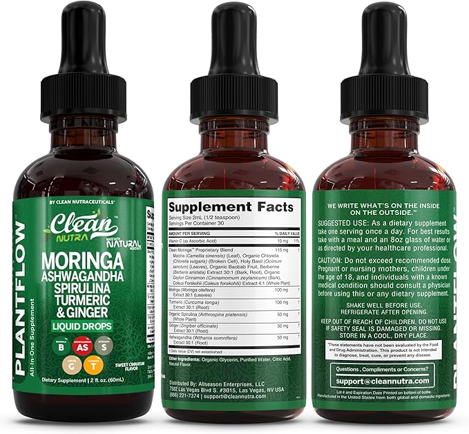 Clean Nutra Moringa Supplement Drops Ashwagandha Spirulina Chlorella Turmeric & Ginger Liquid Barley Grass with Chlorophyll Blue Green Algae Vitamin C Antioxidant Holy Basil Ceylon Cinnamon PlantFlow