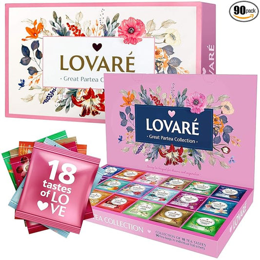 LOVARE Tea Bags Variety Pack - Made in Ukraine - Black and Green, Floral Berry, Mixed Blend, Herbal Blend Assorted Collection - Tea Sampler - Gift Sets for Tea Lovers (90 Bags - 18 Tastes)