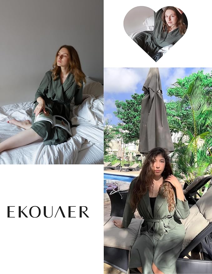 Ekouaer Robes for Women Long Waffle Knit Bathrobe Lightweight Kimono Robe Soft Shawl Collar Spa Robes with Pockets S-XXL