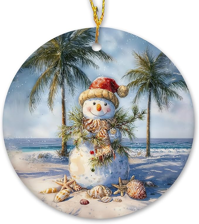 Coastal Summer Christmas Ceramic Ornament Gifts, Ocean Beachy Snowman Christmas Decorative Hanging Ornaments for Xmas Tree Holiday Party Decoration, Coastal Beach Xmas Tree Decorations