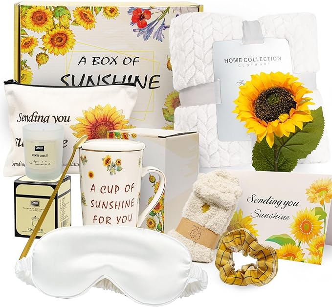 Sunflower-Themed Encouragement Gift Box for Women - Self Care Package with Ultra Soft Flannel Blanket, Best Friend Birthday, Thinking of You Gifts for Her (Luxury Ready-to-Give)