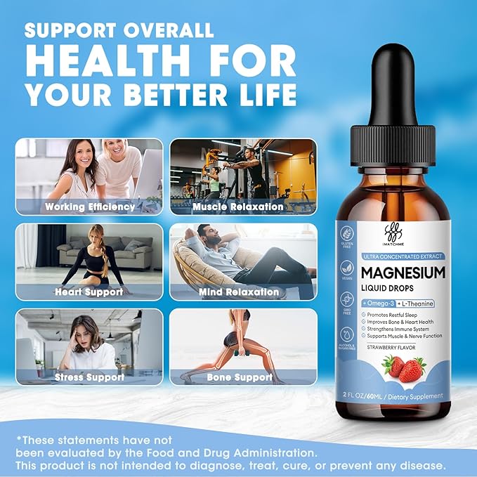 iMATCHME Magnesium Glycinate Liquid Drop with Citrate, Oxide and Taurate, Calm Magnesium with Omega3, L-Theanine, D3, B6, B12 for Calm, Sleep, Leg Cramps, Muscles, Energy, Sugar-Free Strawberry Flavor