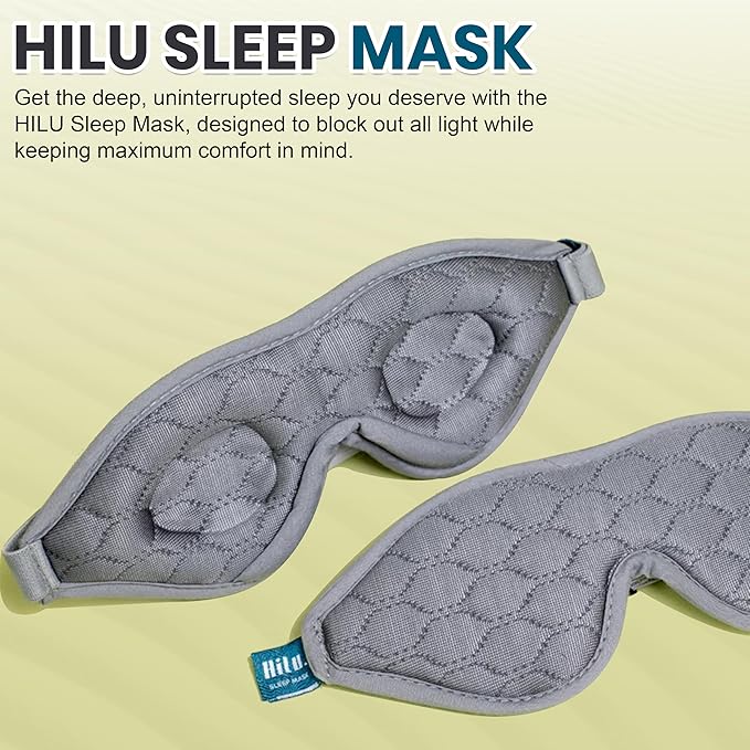 HILU Sleep Mask - 100% Light Blocking Eye Mask for Sleeping - Zero Eye Pressure, Comfortable & Adjustable Design - Durable Sleep Blindfold for Women, Men, Travel, Naps & Shift Work | Gray