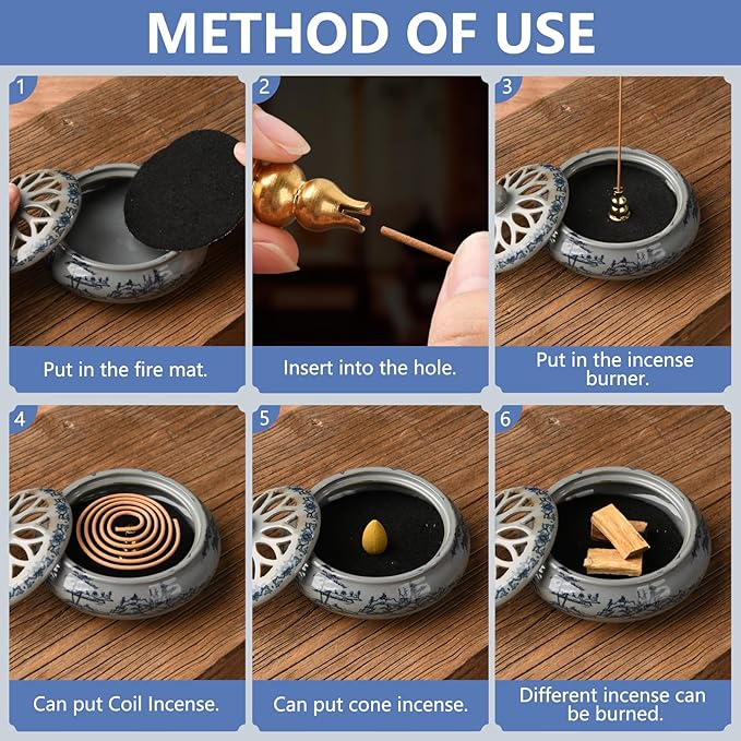 Ceramic Incense Burner with Holder for Stick/Coil Incense,Sage Cones and Mosquito Incense Handmade Smudging Burn Bowl for Cleansing Negative Indoor Energy and Other Incense Rituals, Cyan