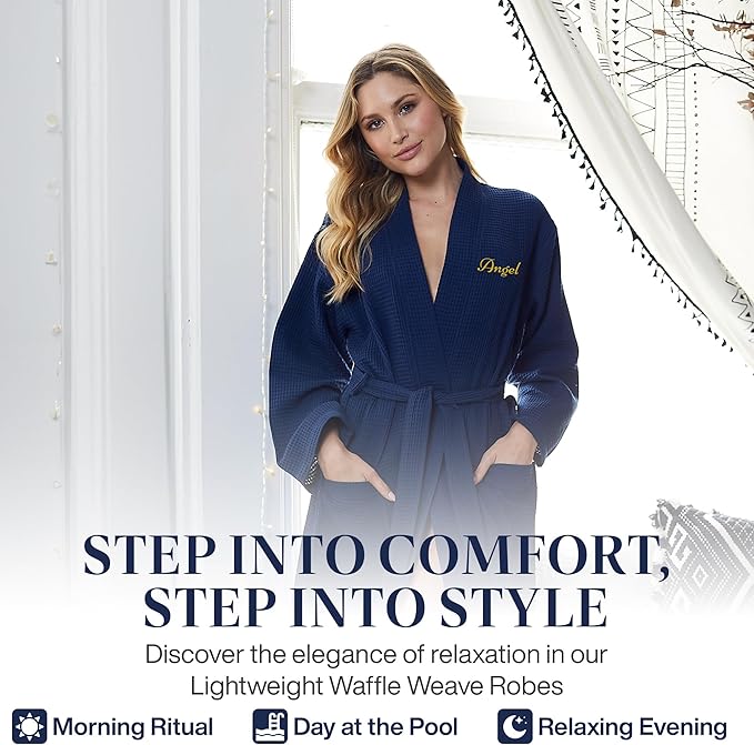 Lotus Linen Waffle Robes for Women - Lightweight Cotton Kimono Bathrobe - Long Soft Spa Bath Robe