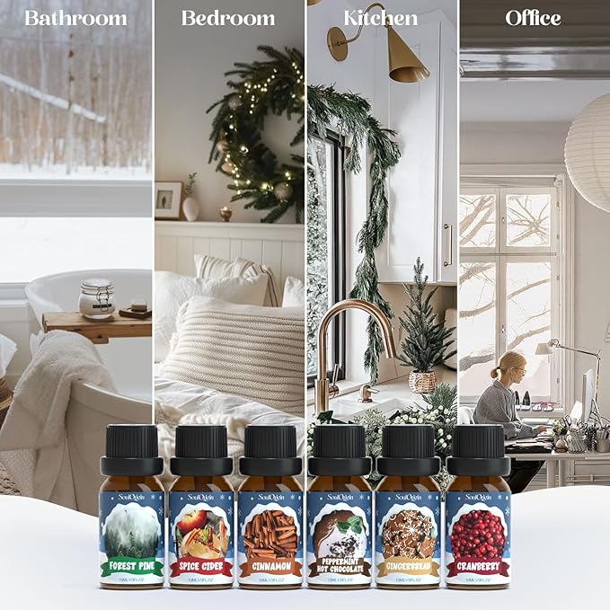 Winter Essential Oils Set, Fragrance Oil Gift Set for Oil Diffusers, Scented Oils for Soap 6x10ml - Forest Pine, Spiced Apple Cider, Cinnamon, Mint Hot Chocolate, Gingerbread, and Cranberry
