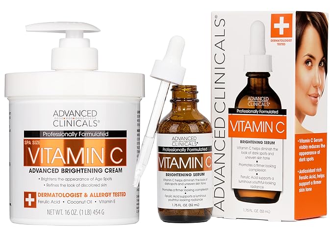 Advanced Clinicals Vitamin C Cream + Vitamin C Serum 2PC Skincare Set | Brightening Body Lotion & Facial Serum For Women & Men Helps Diminish Appearance Of Dark Spots, Wrinkles, & Uneven Skin Tone