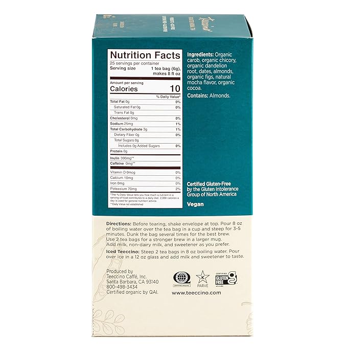Teeccino Dandelion Mocha Tea - Caffeine-Free, Roasted Herbal Tea with Prebiotics, 3x More Herbs than Regular Tea Bags - Gluten-Free, Acid-Free Coffee Alternative - 25 Tea Bags (Pack of 3)
