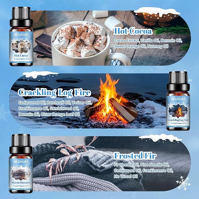 Winter Essential Oils Set, 6 Premium Holiday Fragrance Oil for Diffuser, Candle & Soap Making, Frozen Magic, Winter Wonderland, Hot Cocoa, Frosted Fir, Warm Sweater, Log Fire, Scented Oils for Home