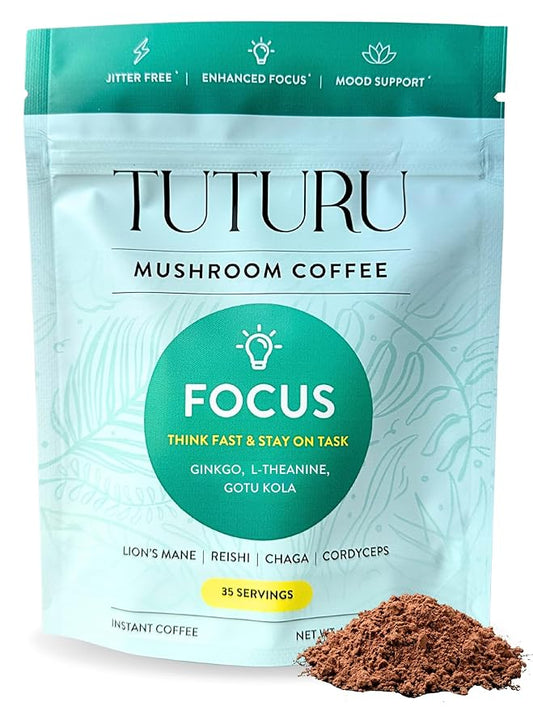 Focus Mushroom Instant Coffee - Adaptogen Coffee with Lion's Mane, Chaga, Ginkgo, L-Theanine - Jitter & Crash Free Energy - 35 Servings (Instant)
