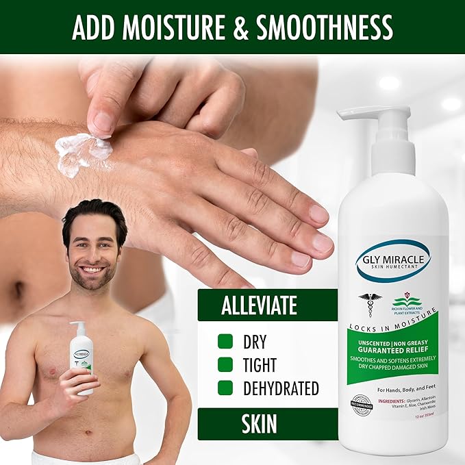 GLY MIRACLE Moisturizing Body Cream Lotion, 12 ounce - Non-Greasy Skin Humectant for Extremely Dry Skin, Hands, Body, and Feet, Fragrance-Free with Pure Glycerin for Nourishing Hydration.