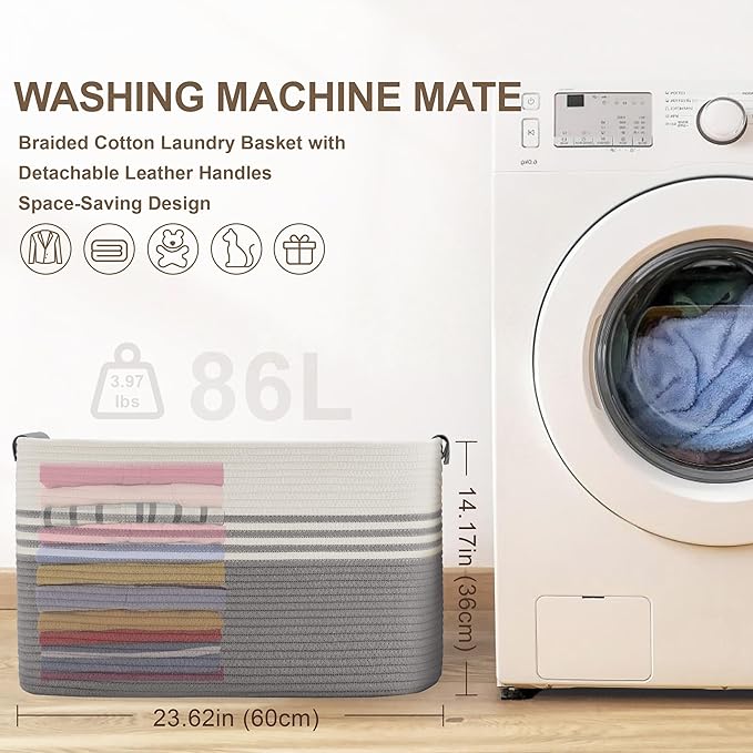 86L Extra Large Laundry Basket with Leather Handles for Living Room Storage, Woven Rope Baskets for Blanket, Kids Toy, Gifts, Wicker Hamper for Bedroom Dirty Clothes, 24"x16"x14" White Grey