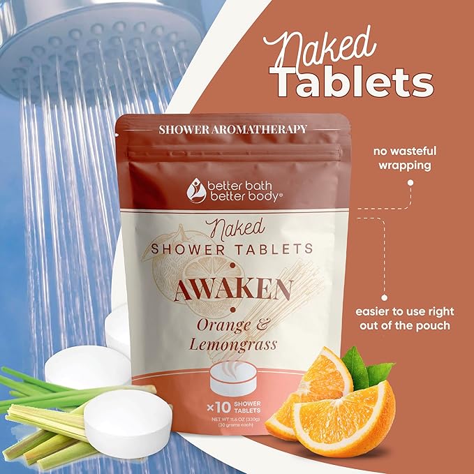 New Awaken Shower Tablets (10 Tabs) Made with Natural Ingredients Scented with Orange and Lemongrass Pure Essential Oils Made in USA