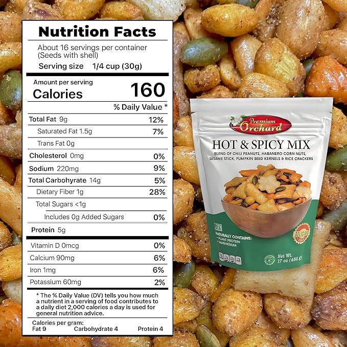 MIXED NUTS Hot & Spicy Mix - Chili Peanuts Habanero Corn Nuts Sesame Sticks Pumpkin Seed Kernels and Rice Crackers Gluten Free Snacks Non GMO Healthy Snacks Nuts - 17 oz
