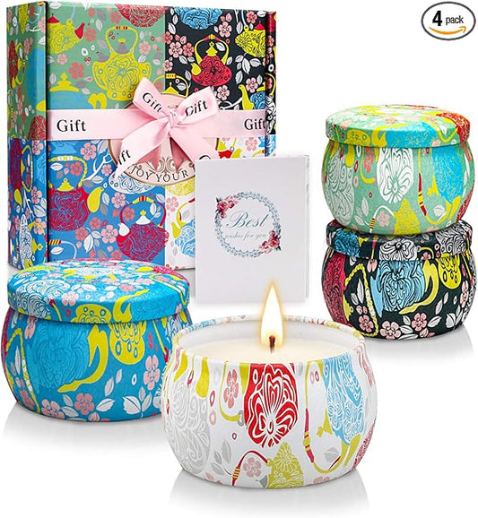 Scented Candles Gift Sets, Soy Wax 4.4 oz Portable Travel Tin Candles Women Birthday Gift Stress Relief Sweet Fragrance Home Aromatherapy Candle Set 4 Pack