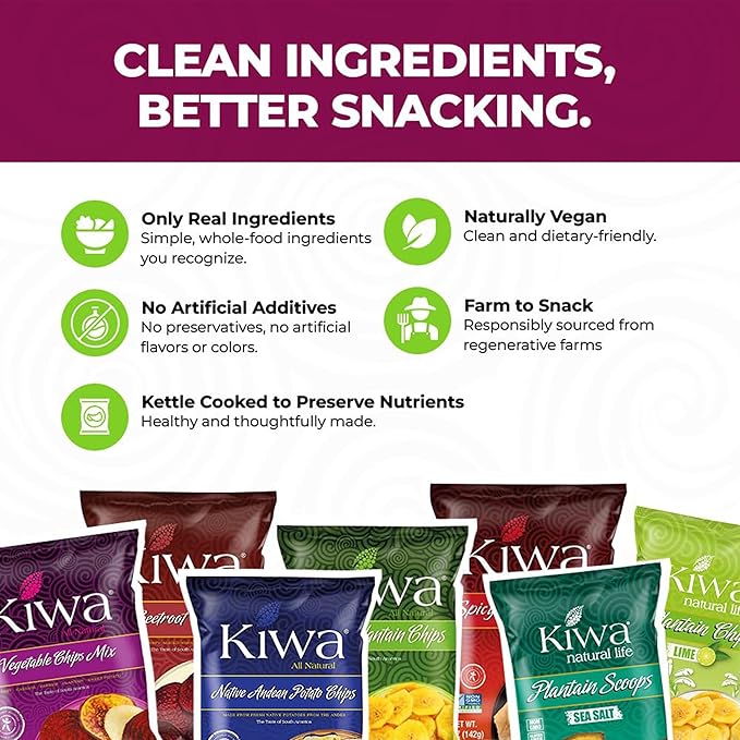 Kiwa Healthy Veggie Chips - Vegetable Snacks for Kids & Adults - Exotic Chips with Plantain, Beet, Parsnip, Cassava, Sweet Potato - Gluten-Free & Non-GMO (5 Individual Snacks Pack)