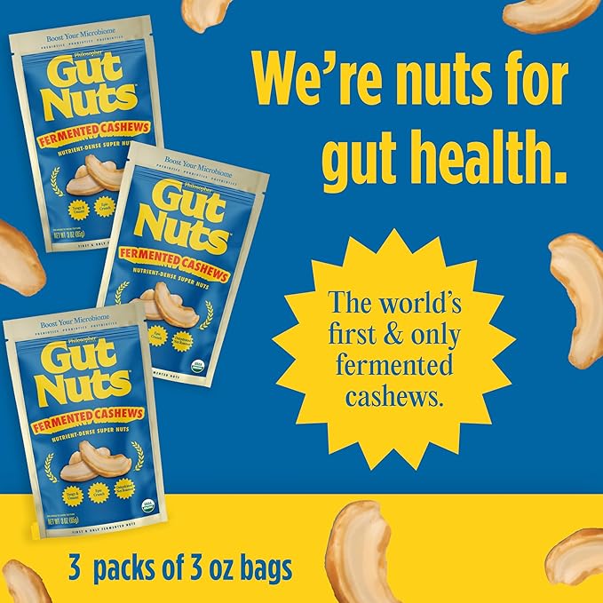 Gut Nuts - Fermented and Sprouted "Sourdough" Cashews for Gut Health - Tangy, Umami, & Salty Flavors - Super Crunchy Low Carb Keto Snacks - Low Sugar Prebiotic & Postbiotic Cashew Snacks - 3oz Pouch (3 Pack) - by Philosopher Foods