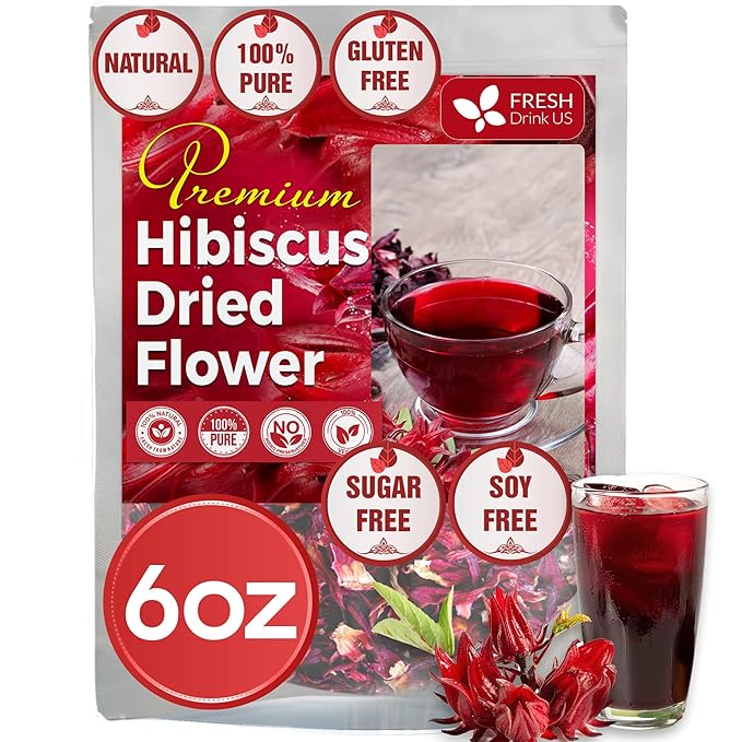 FreshDrinkUS, 6oz Hibiscus Dried Flowers, 100% Natural, Pure from Hibiscus Flowers. Loose Flower Hibiscus Herbal Tea. Hibiscus Flower Tea. No Sugar, No Caffeine, No Gluten, Vegan.