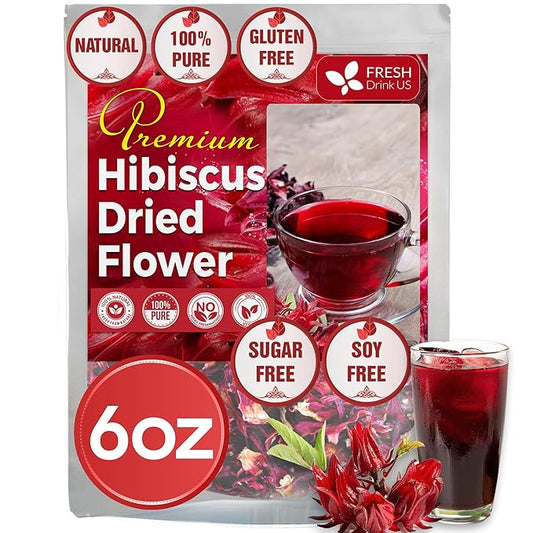 FreshDrinkUS, 6oz Hibiscus Dried Flowers, 100% Natural, Pure from Hibiscus Flowers. Loose Flower Hibiscus Herbal Tea. Hibiscus Flower Tea. No Sugar, No Caffeine, No Gluten, Vegan.
