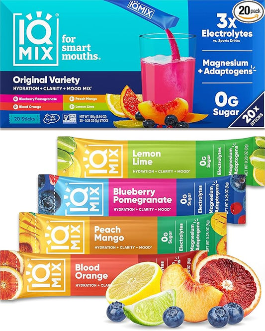 IQMIX Hydration Electrolyte Powder – 4-in-1 Formula for Hydration, Mental Clarity, Mood and Recovery – Sugar-Free Drink Mix, Keto, Magnesium L-Threonate, Lion’s Mane – 20 Count Variety Pack