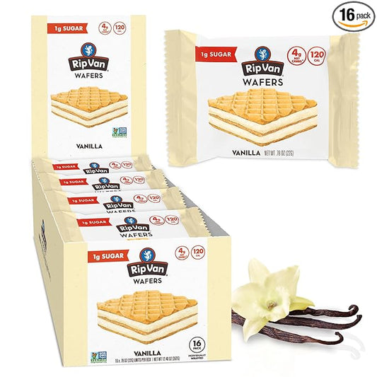 Rip Van Vanilla Keto Wafer Cookies, Healthy Vegan Snack, Non GMO, Low Carb, Low Sugar (1g), Low Calorie, 16 Count