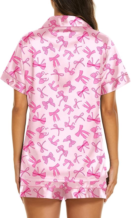 Ekouaer Silk Pajamas for Women Short Sleeve Sleepwear Soft Button Down Loungewear 2 Piece Satin Pjs Shorts Set S-XXL