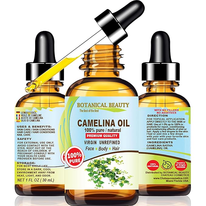 Botanical Beauty CAMELINA OIL 100% Pure Natural VIRGIN UNREFINED Cold-Pressed Carrier Oil 1 Fl oz 30 ml for Face, Skin, Body, Hair, Lip, Nails. Rich in Vitamin E, Omega 3