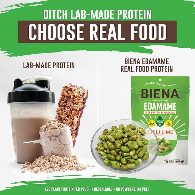 Biena Crispy Roasted Edamame Beans Snack – High Protein Snack for Adults & Kids, 12g-13g Protein per Serving - Made with Avocado Oil – Vegan, Low Carb, Gluten-Free – 3-Pack 4.75oz, Chili Lime
