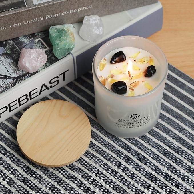 Crystal Vibe Protection Crystal Candle with Black Obsidian Crystals and Daisy Petals - Natural Soy Candles - Vanilla Scented Aromatherapy Candle Gifts for Christmas Birthdays