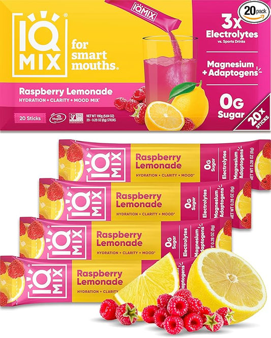 IQMIX Hydration Electrolyte Powder – 4-in-1 Formula for Hydration, Mental Clarity, Mood and Recovery – Sugar-Free Drink Mix, Keto, Magnesium L-Threonate, Lion’s Mane – 20 Count New Raspberry Lemonade
