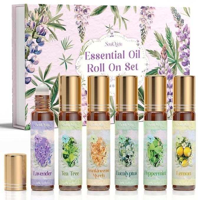 Essential Oil Roll On Set, Natural Aromatherapy Oils with Portable Roller Ball for Skin Care- Tea Tree, Frankincense & Myrrh, Lavender, Peppermint, Eucalyptus, Lemon - Gifts for Women & Men
