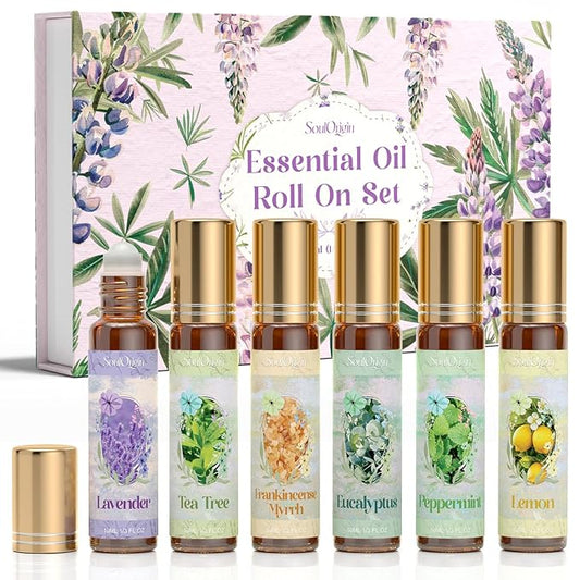 Essential Oil Roll On Set, Natural Aromatherapy Oils with Portable Roller Ball for Skin Care- Tea Tree, Frankincense & Myrrh, Lavender, Peppermint, Eucalyptus, Lemon - Gifts for Women & Men