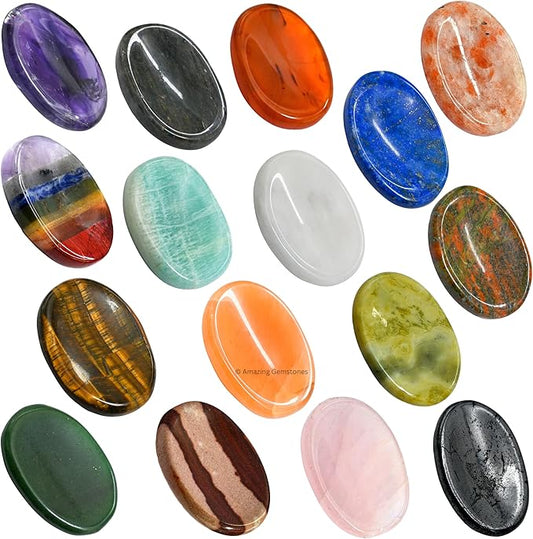 Amazing Gemstone Pack of 11 Worry Stones Bulk Set - Premium Wholesale Bulk Crystals Healing Stones for Anxiety, Stress, Calm Stripe Meditation