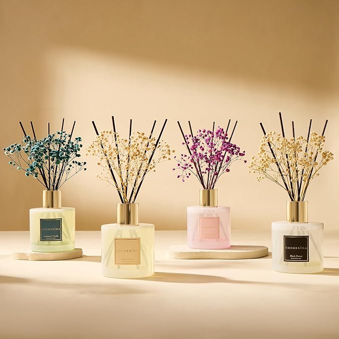 COCORRÍNA Reed Diffuser - Cherry Blossom 17 Fl.oz Reed Diffuser with 8 Sticks Scented Diffuser with Preserved Flowers for Bathroom Home Decor