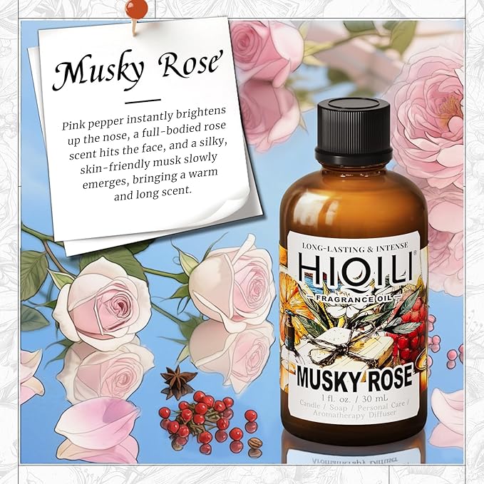 HIQILI Musky Rose Fragrance Oil for Hotel Diffuser, Luxury Scents, for Making Aromatherapy Candle, Perfume, Scented Home Decor- 1 Fl Oz