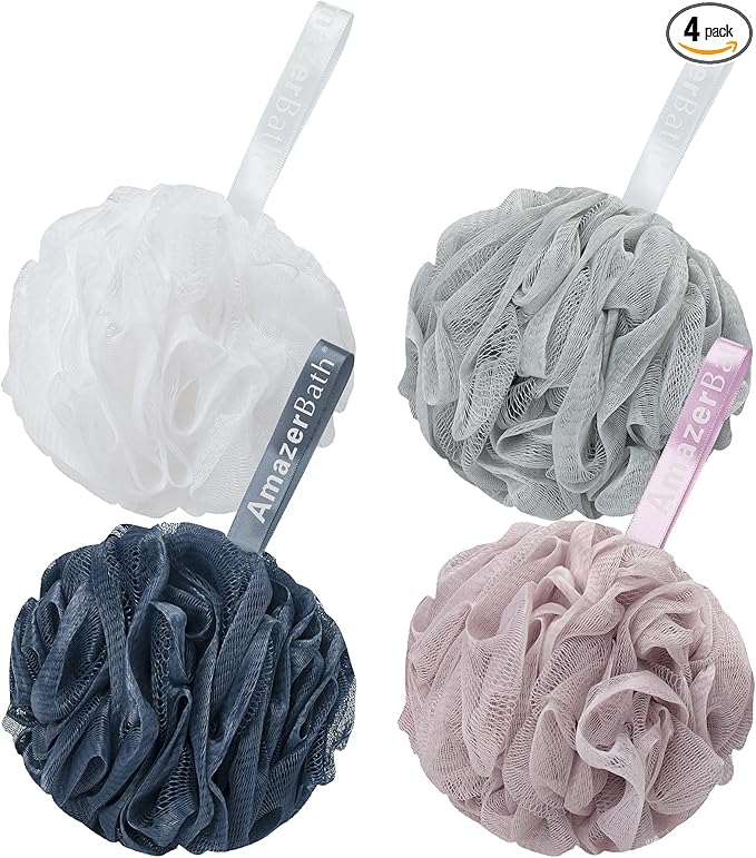 AmazerBath Loofah Sponge 75g/Piece, Exfoliating Bath Sponge Body Scrubber - Loofa Set of 4 Grey Blue-Pink-Grey-White (Large)