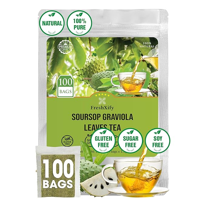 FreshXify – Premium 100 Soursop Tea Bags – 100% Natural Graviola Leaf | Hoja Guanabana | Guyabano Tea – Caffeine-Free, Non-GMO – Eco Paper Filter Bags – No Dust Leak – Herbal Tea