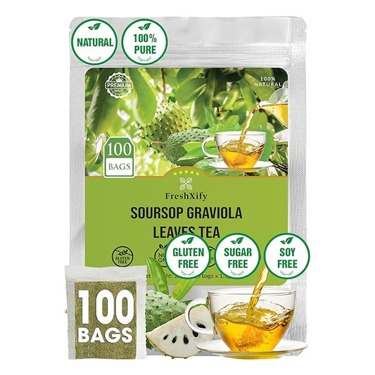 FreshXify – Premium 100 Soursop Tea Bags – 100% Natural Graviola Leaf | Hoja Guanabana | Guyabano Tea – Caffeine-Free, Non-GMO – Eco Paper Filter Bags – No Dust Leak – Herbal Tea