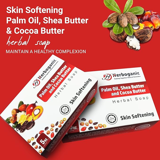 HERBOGANIC Palm oil, Shea butter and Cocoa Butter Herbal Soap | Pack of 6 of 5oz soap Bar | Ideal for Men and Women, Soothing and Nourishing Soap for Moisturization